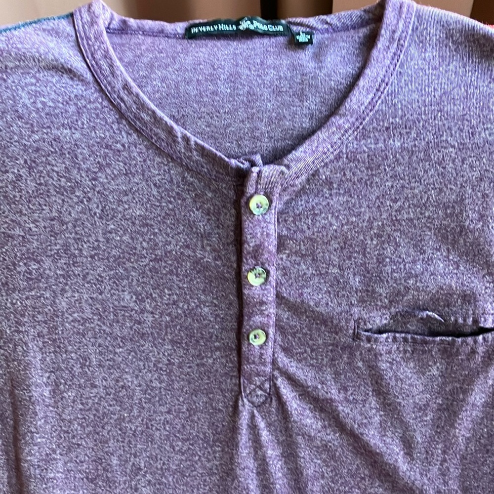 Men’s large, heather-purple with navy stitching casual shirt.